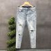 Ripped Slim-fit Jeans Men's Summer Washed Blue Nine-point Pants Men's Trendy Brand Ruffian Handsome Pants_mkmklike.com