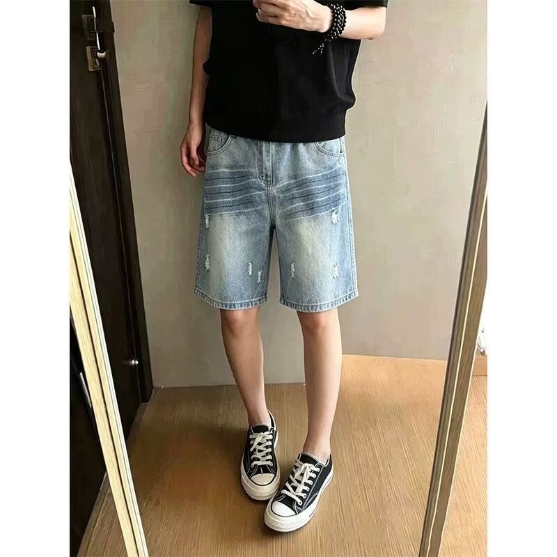 Men's Vintage Washed Distressed Denim Shorts Casual Loose Fit Five-Point Shorts Classic Five-Point Length_mkmklike.com