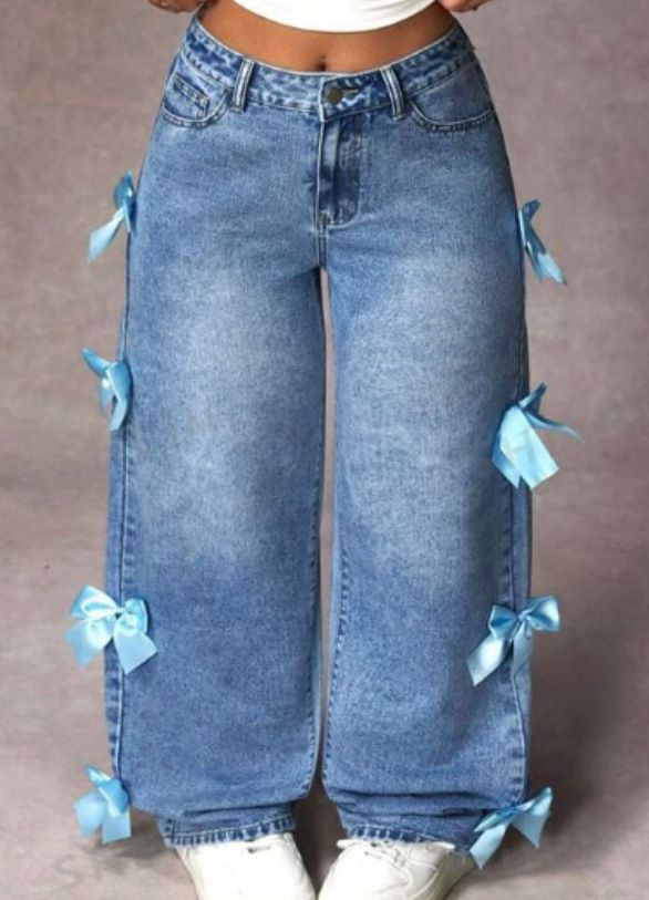 Women's Clothing Bow Jeans Straight Pants Loose Trousers_mkmklike.com
