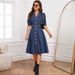 218669 Women's New Denim Waist Cinching Fit Slimming Short Sleeved Dress_mkmklike.com