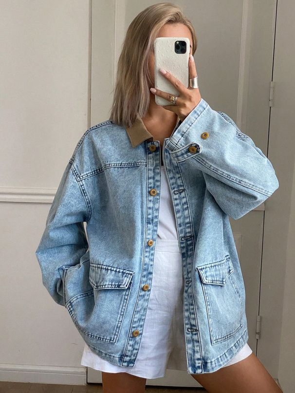 Women's Clothing Denim Jacket For Women Brown Color Block Lapel Autumn New Fashion_mkmklike.com