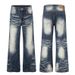 Unisex Vintage American Retro Streetwear Jeans | Light Wash Distressed Flared Bootcut Denim Pants With Studded Details_mkmklike.com