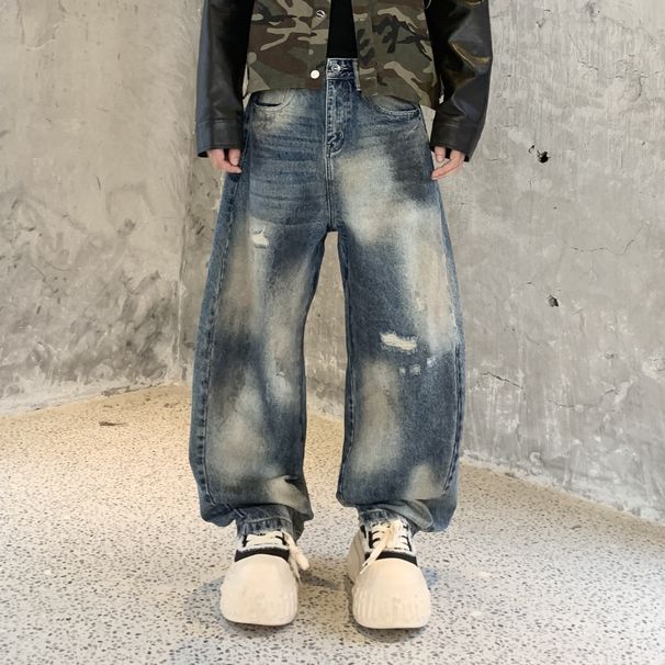 Unisex Vintage Dirty Wash Jeans – Distressed Straight-Leg Wide Pants With Raw Hem & Relaxed Fit_mkmklike.com