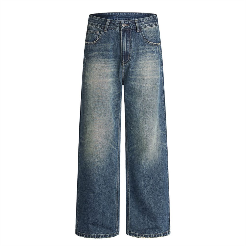 American Style Jeans Men Punk Street Trend Faded Loose Casual Handmade Frayed Washed Straight Long Pants_mkmklike.com