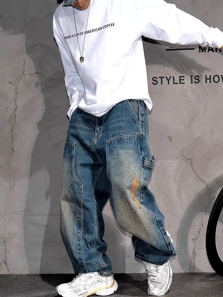 Men's Loose Wide Leg Denim Trousers Fashionable Leopard Print Trendy And Comfortable Long Pants_mkmklike.com