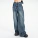 Spring Summer Blue Washed Straight Leg Jeans For Men And Women, Distressed Texture, High Waist, Loose Fit, Wide Leg,_mkmklike.com