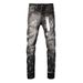 Unisex Y2K Stacked Flared Jeans, Black-Grey Mud Fade, White Splatter & One Ripped Knee, Breathable For Summer_mkmklike.com