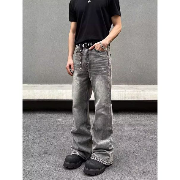 Men's Clothing Unisex Straight Leg Distressed Yellow Mud Dyed Jeans Cleanfit Washed Vibe Style Slightly Flared 2026 American High Street_mkmklike.com
