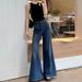 Hong Kong Style Retro Dark Blue Draped Flared Jeans For Women, Spring And Autumn, Petite Loose Wide-Leg Pants,_mkmklike.com