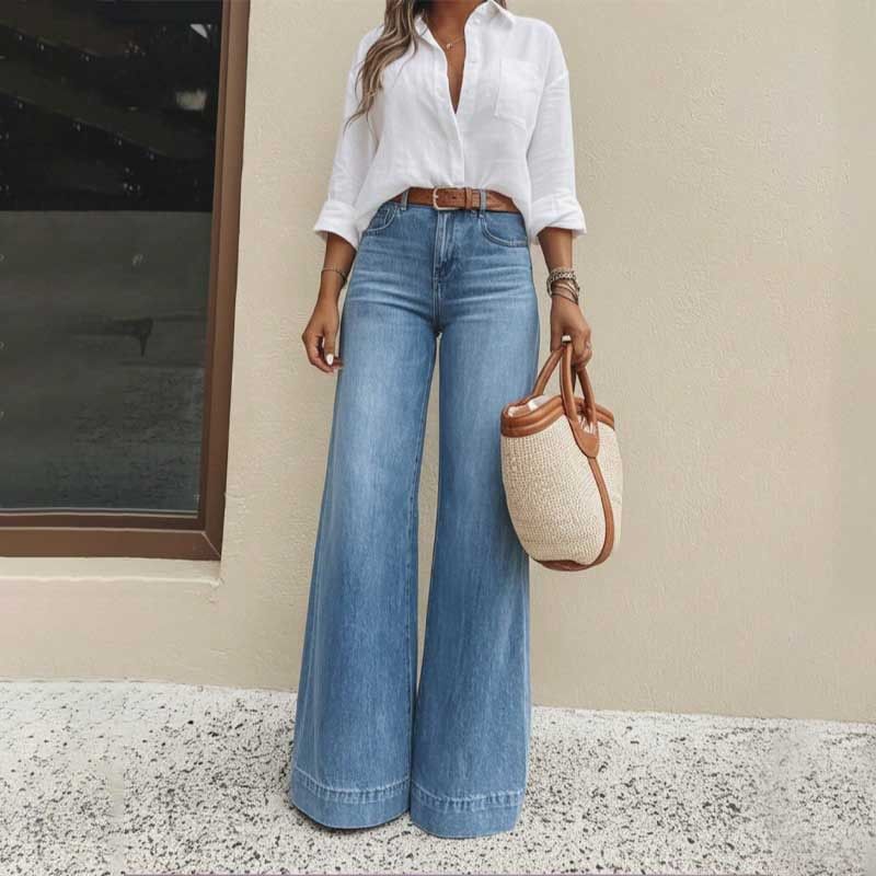Vintage High-Waisted Wide-Leg Jeans For Women – Retro Stretch Denim Pants With Flowy Hem, Comfortable & Stylish (Light Blue Wash, Dark Blue, Blue)_mkmklike.com