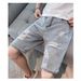 Men's Trendy Ripped Denim Shorts Loose Fit Straight Leg Five Point Pants Casual Fashionable Thin Mid-Length Breeches Summer Riding Shorts_mkmklike.com