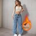 Women's Flared Fleece-Lined Jeans - High Waist Loose Wide Leg Winter Pants, Sweet & Spicy Style, Mid Blue Wash, Plus Size Available (XS-XXL)_mkmklike.com