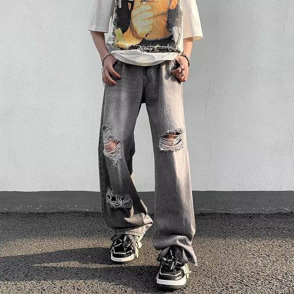Men's Distressed Jeans Straight Leg Vintage Washed Denim Pants For Summer Casual Streetwear_mkmklike.com