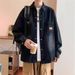 Vintage Distressed Printed Denim For Men, Autumn Export Loose Letter Turn-Down Collar Long Sleeve Top, Trendy Casual_mkmklike.com