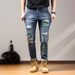 Trendy Patched Ripped Jeans For Men Stretchy Slim Fit Korean Style Fashionable Embroidered Trousers_mkmklike.com