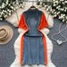 Women's Clothing Fashion Contrast Color Stitching Polo Collar Short Sleeve Denim Slim Mid Length Skirt_mkmklike.com