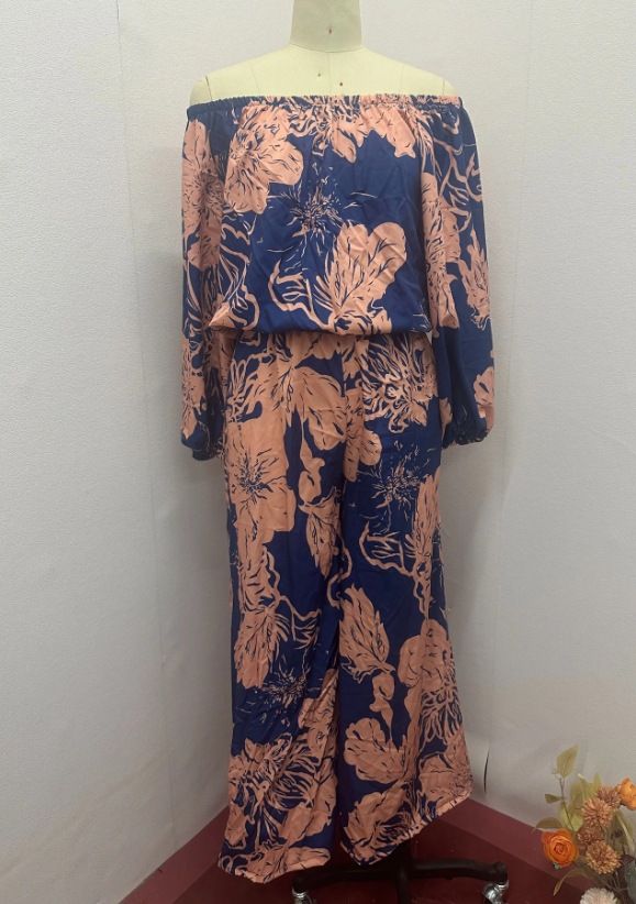 Women's Clothing Two piece Summer New Casual Printed Off shoulder Wide leg Pants Set_mkmklike.com