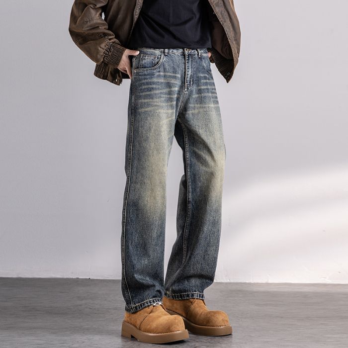 Autumn New Jeans Men's Fit Straight Tube Loose Trendy Brand American Retro Double Craft Washed Middle Waist Youth Large Size Clothes Decoration_mkmklike.com