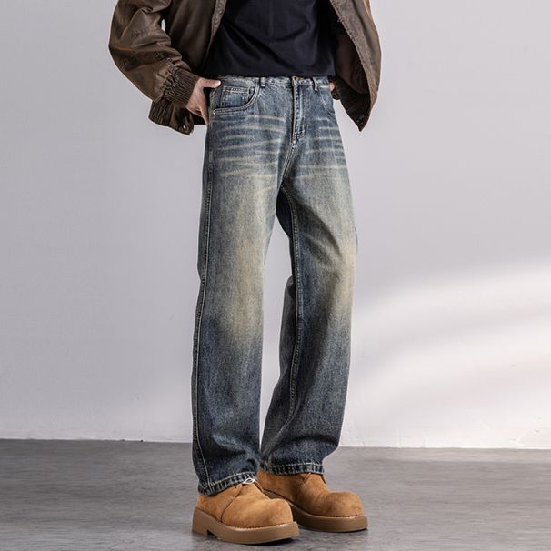 Autumn New Jeans Men's Fit Straight Tube Loose Trendy Brand American Retro Double Craft Washed Middle Waist Youth Large Size Clothes Decoration_mkmklike.com