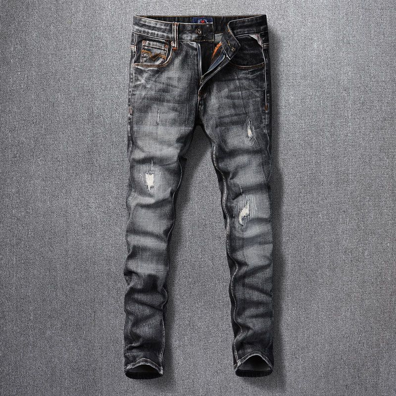 Men's Clothing Retro Ripped Jeans For Men Black Grey Washed Distressed Personality Worn Patches Slim Fit Trousers_mkmklike.com