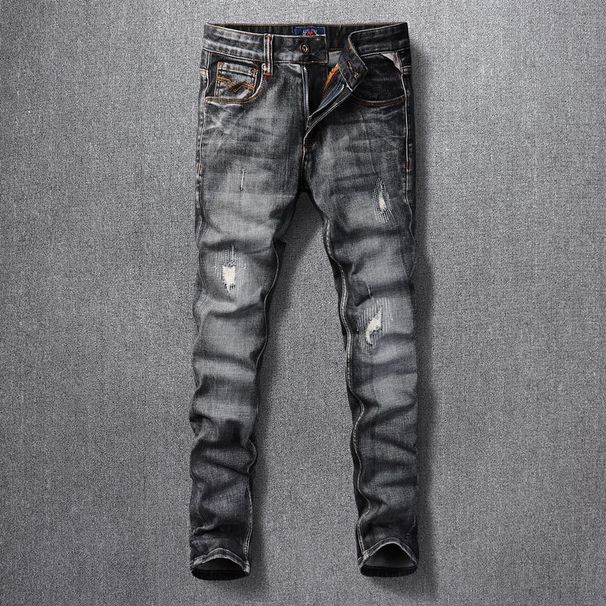 Men's Clothing Retro Ripped Jeans For Men Black Grey Washed Distressed Personality Worn Patches Slim Fit Trousers_mkmklike.com