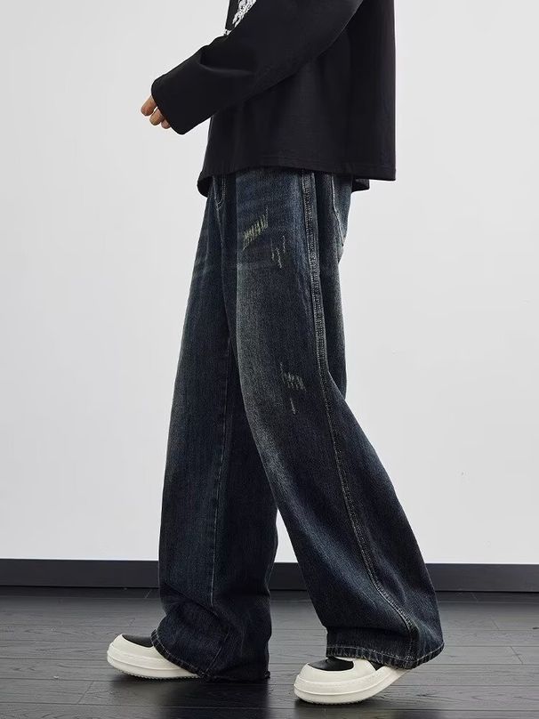 Retro Blue Washed Jeans Boys Autumn And Winter New American Ruffian Handsome Trendy Brand Vibe Loose Straight Pants Men_mkmklike.com