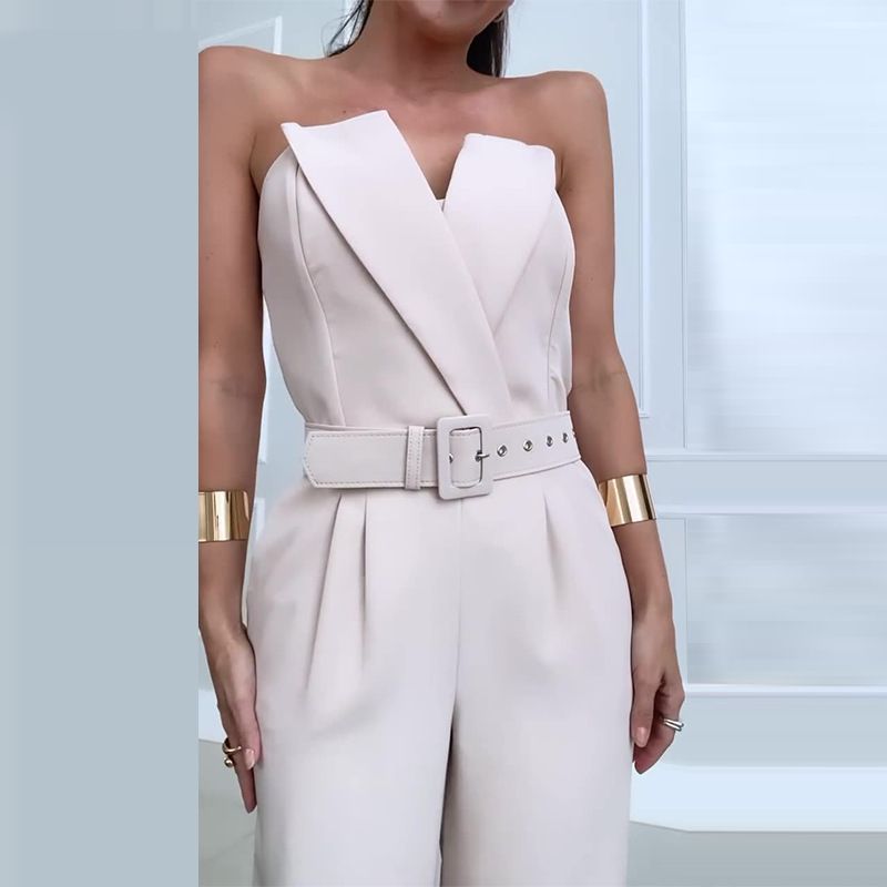 Women's Summer New Fashion Tube Top Waist Solid Color Wide Leg Jumpsuit Women's Clothing_mkmklike.com