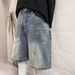 Men's Relaxed Fit Denim Shorts Front Back Splicing Design American Retro Style Loose Straight Leg Washed Distressed Five Point Length_mkmklike.com