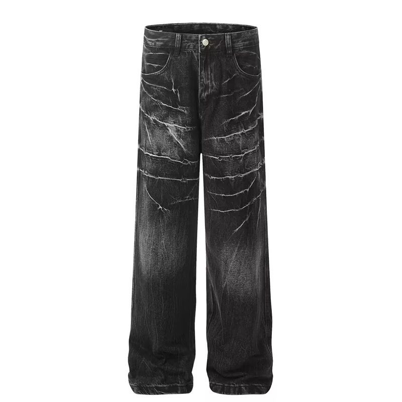 Men's Clothing Summer Wide Leg Jeans Distressed Washed Lightning Pattern American Style Retro Fashion Handsome Casual Denim_mkmklike.com