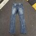 Unisex Vintage Blue Flared Jeans, Vertical Fade & Frayed Scratches, Biker Stacked, Breathable Summer_mkmklike.com
