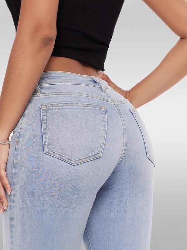Women's Slim-Fit Wide-Leg Jeans - High Waist Lifting Straight Denim Pants With Comfort Stretch (Light Blue, Dark Blue)_mkmklike.com