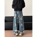 Men's Clothing Retro High Street Style Floral Jeans Straight Leg Loose Fit Wide Leg Floor Length Pants For Men And Women Spring Autumn_mkmklike.com