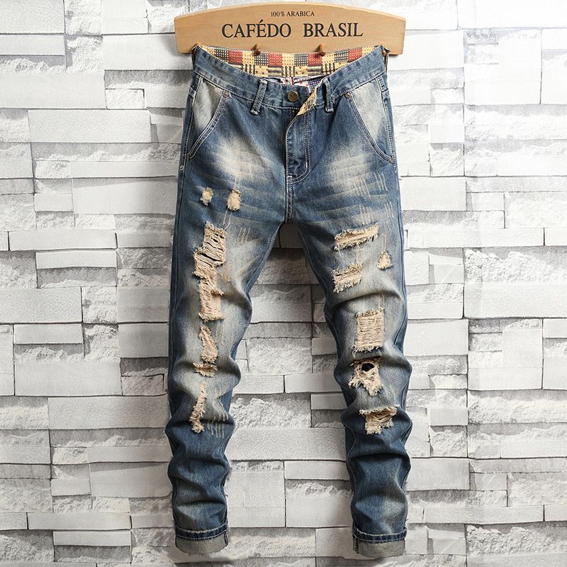 Ripped Vintage Washed Jeans For Men, Spring And Autumn American High Street Style, Trendy Slim Fit Straight Leg Pants_mkmklike.com
