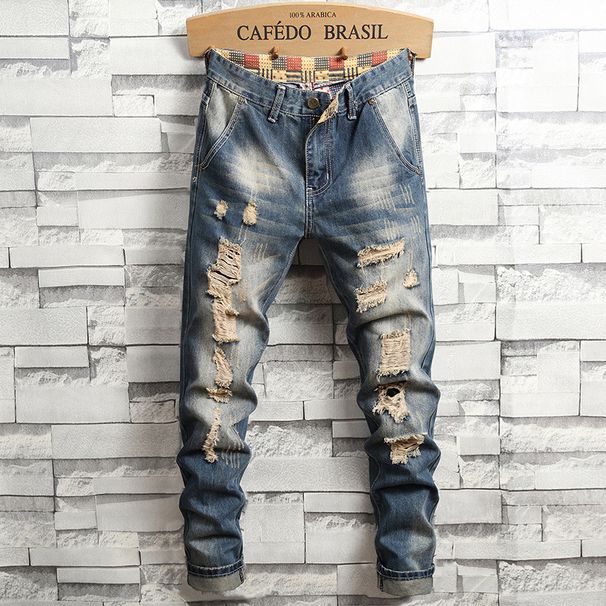 Ripped Vintage Washed Jeans For Men, Spring And Autumn American High Street Style, Trendy Slim Fit Straight Leg Pants_mkmklike.com