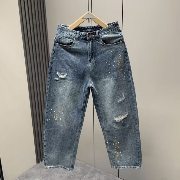 Men's High Street Tie Dye Jeans Trendy Retro Washed Distressed Loose Straight Leg Wide Leg Pants For Spring And Autumn_mkmklike.com