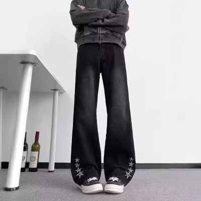 Men's High Street Embroidered Jeans Midweight Straight Pants Vibe Design Slight Stretch Long Legs Slimmer Spring Autumn_mkmklike.com