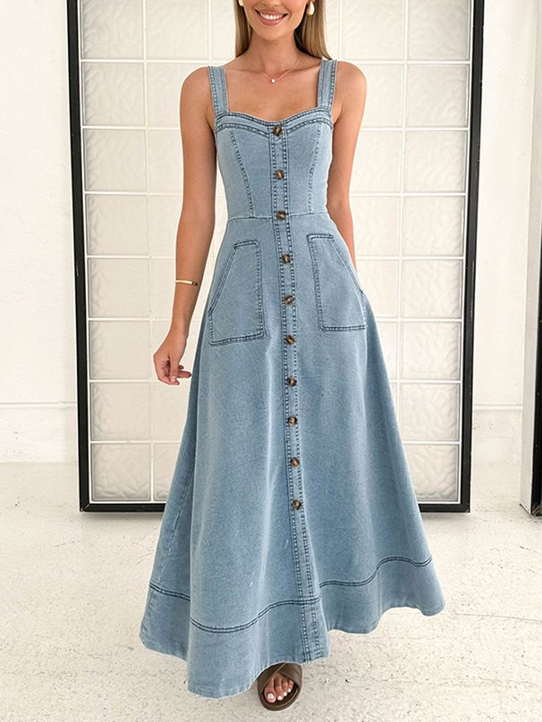 New Denim Mid Length Dress Suspenders Backless Temperament Commuter Long Skirt_mkmklike.com