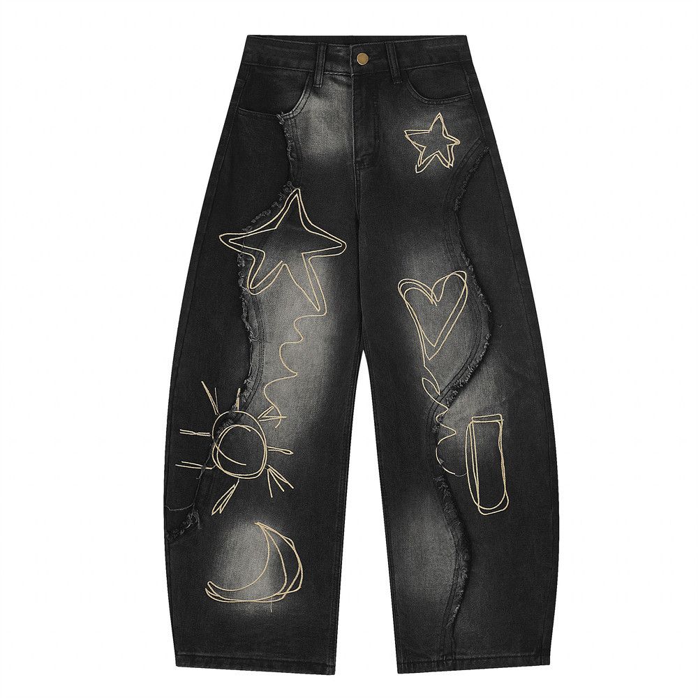 Loose Fit Denim Scimitar Pants Men's High Street Trend Embroidered Irregular Deconstructed Patchwork Frayed Wide-Leg_mkmklike.com
