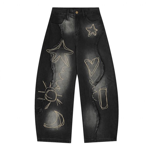 Loose Fit Denim Scimitar Pants Men's High Street Trend Embroidered Irregular Deconstructed Patchwork Frayed Wide-Leg_mkmklike.com