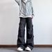 Men's Loose Wide Leg Pleated Jeans Casual Mid Waist Cotton Trousers Black Washed Dark Pocket Cargo Design Spring Autumn_mkmklike.com