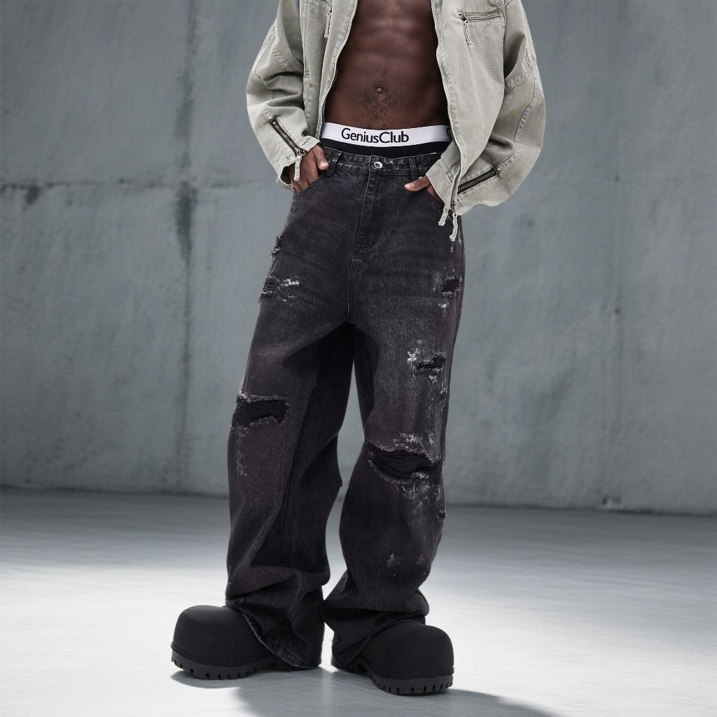 Men's Black Washed Graffiti Jeans - Oversized Straight Leg With Distressed & Hand-Painted Details (S-3xl) - Urban Streetwear Essential_mkmklike.com