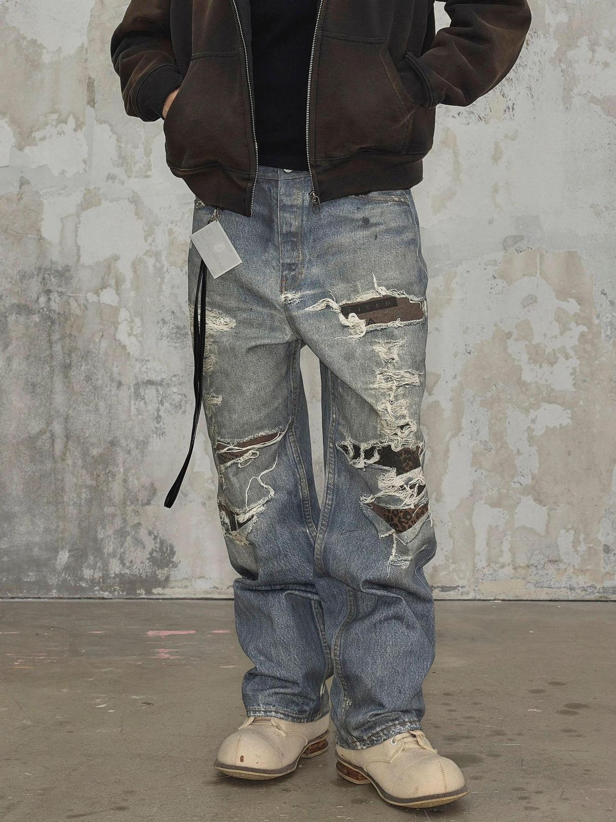 Men's Distressed Straight Leg Jeans 3D Digital Print Ripped And Wrinkled Blue Dirty Street Style American Fit Casual Pants_mkmklike.com