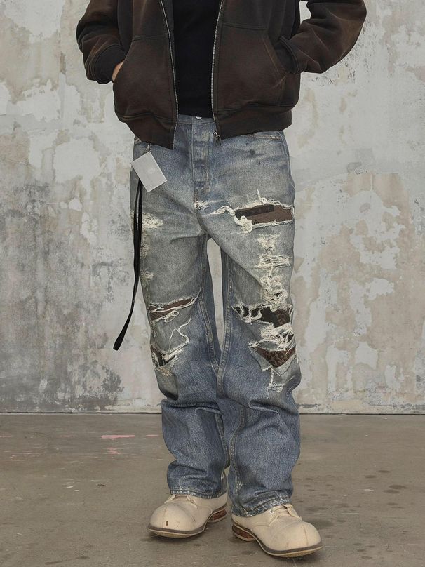 Men's Distressed Straight Leg Jeans 3D Digital Print Ripped And Wrinkled Blue Dirty Street Style American Fit Casual Pants_mkmklike.com