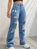 Distressed Butterfly Print High Waist Straight Leg Jeans For Women - Fashion Denim Pants With Contrast Stitching, Comfort Stretch Fit_mkmklike.com