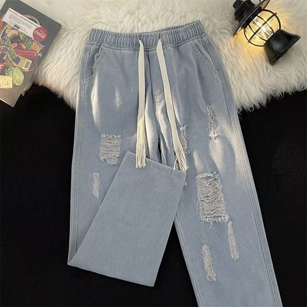 Summer Lightweight Loose Straight Wide-leg Trendy Ripped Jeans For Men, Casual And Versatile High Street Denim Pants_mkmklike.com