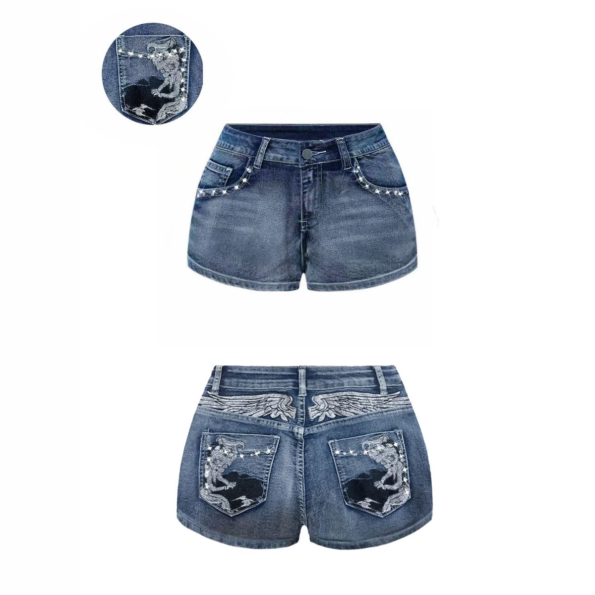 Betty Women's Cartoon Embroidered Rhinestone Denim Shorts Light Blue Sexy Cross Border Style Factory Direct Stock_mkmklike.com
