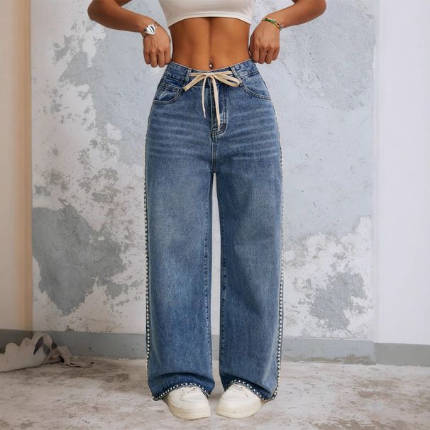 Women's Clothing Vintage Wide Leg Jeans For Women – High Waist, Relaxed Fit, Flared Trousers With Washed Denim & Beaded Details_mkmklike.com
