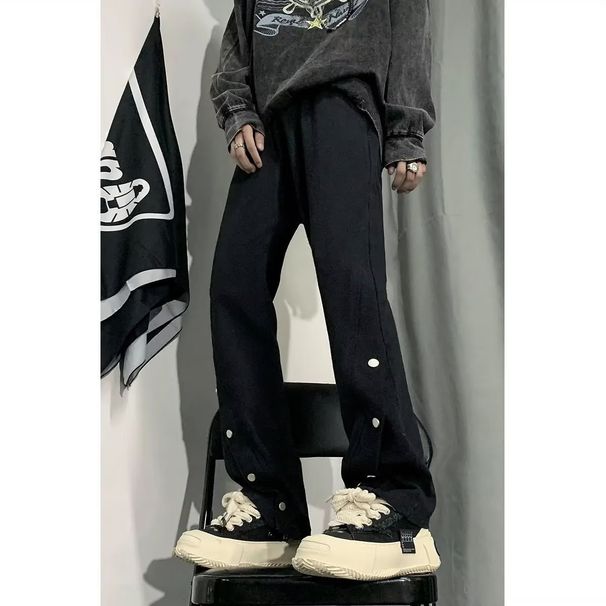 Men's High Street Straight Flared Fit Jeans Button Fly Black Cotton Blend Distressed Wash Hip Hop Style S-3XL_mkmklike.com