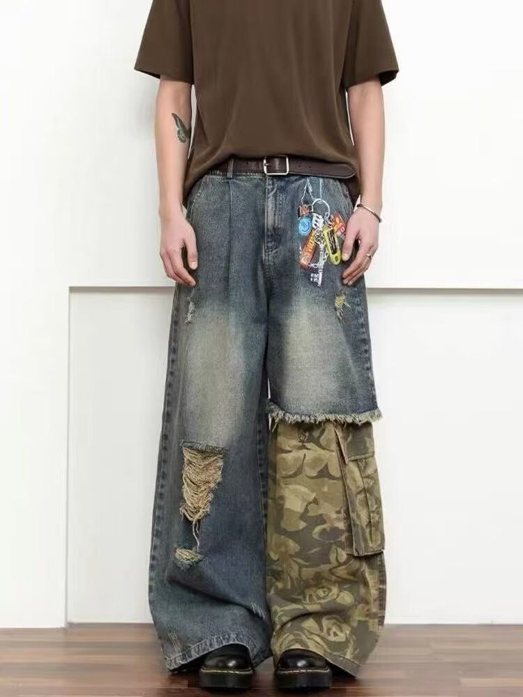 Men's Clothing Men's Retro Ripped Camouflage Patchwork Graffiti Washed Denim Pants Autumn Style Loose Straight Leg Wide Leg_mkmklike.com