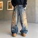Men's Clothing Rhinestone Ripped Jeans Unisex Vintage Star-Studded Distressed Jeans – Unisex Baggy Straight-Leg Pants (L-XXXL) | Retro Washed Blue_mkmklike.com